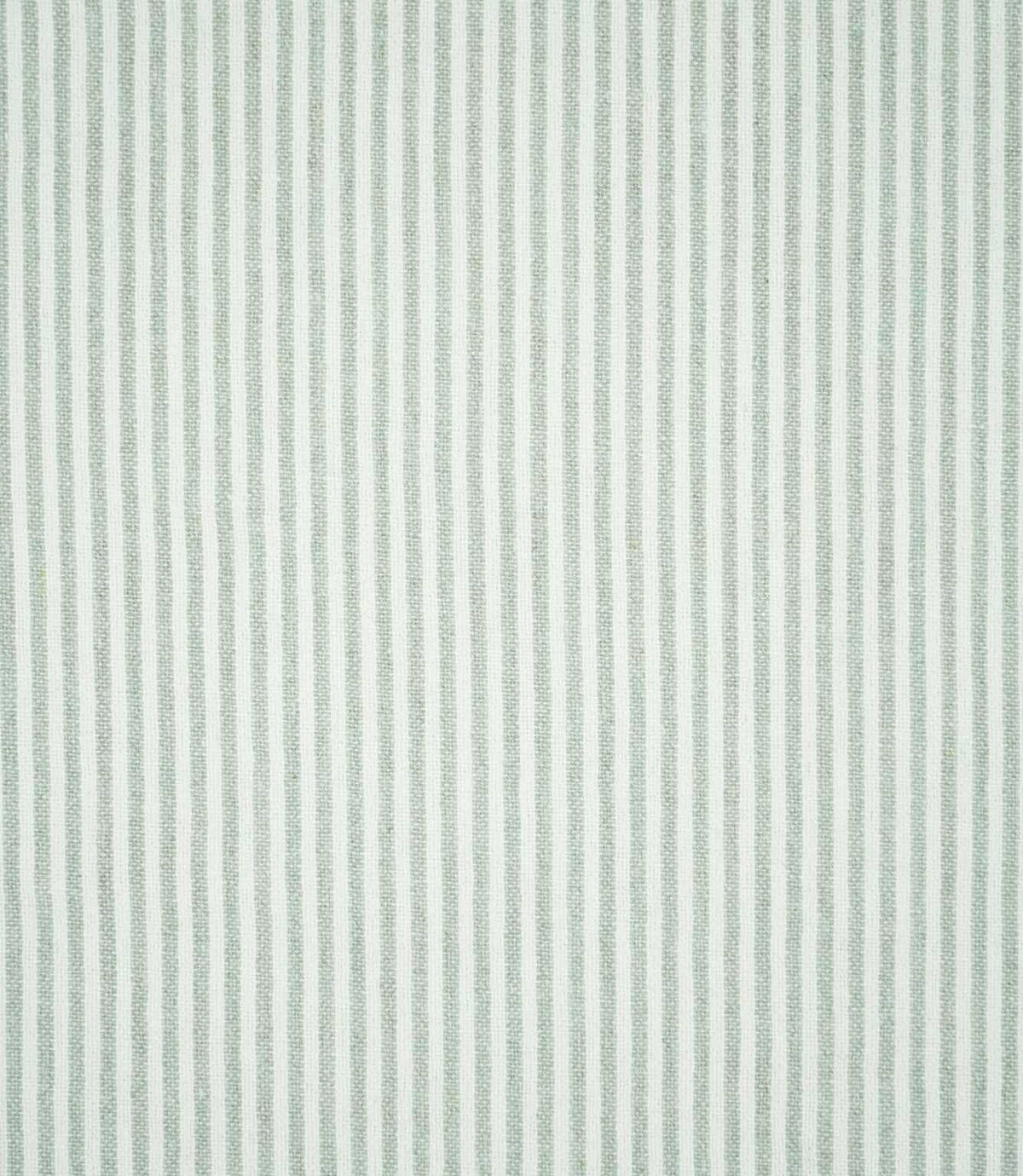Full pattern view of Aldsworth Ticking Mint fabric displaying evenly spaced mint green and white ticking stripes with a fine woven texture.	