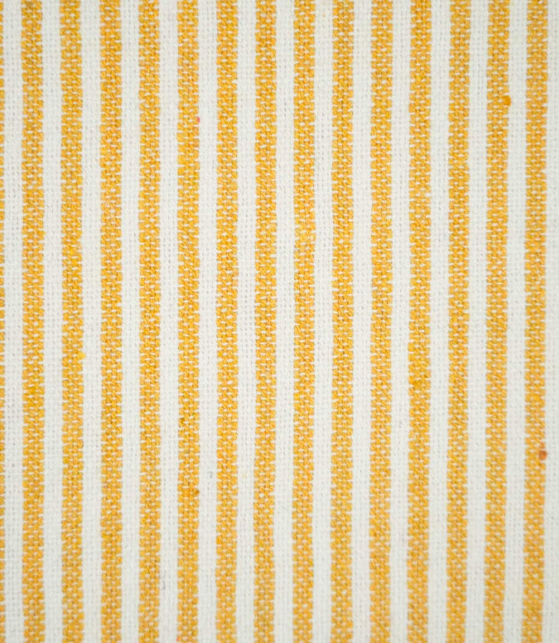 Aldsworth Ticking Ochre fabric featuring narrow golden ochre and off-white vertical stripes in a classic ticking design with a textured woven finish.