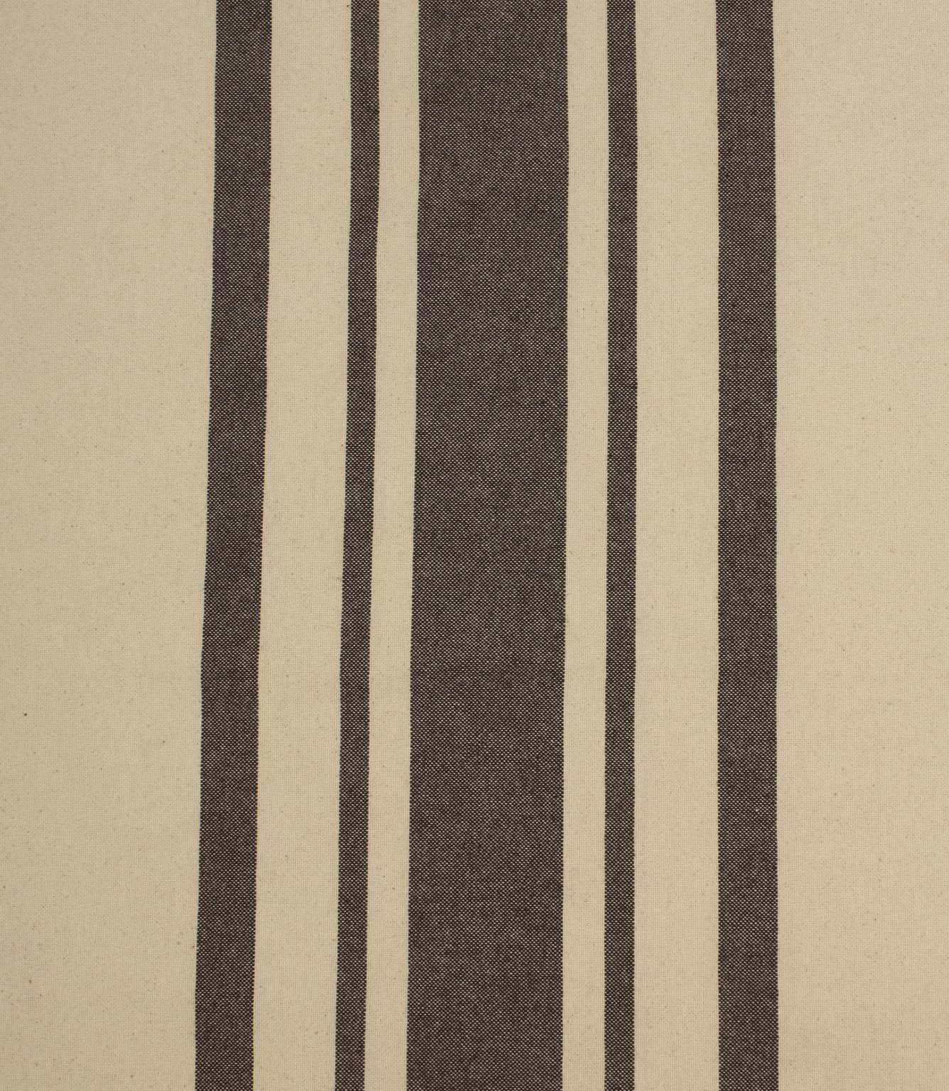 Wide brown and natural striped fabric with a classic woven texture, suitable for curtains, upholstery and soft furnishings.