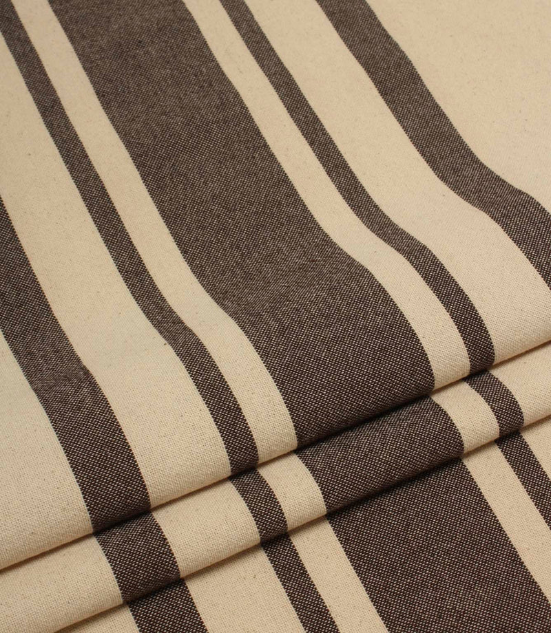 Folded brown and cream striped fabric with a soft drape and durable woven finish.