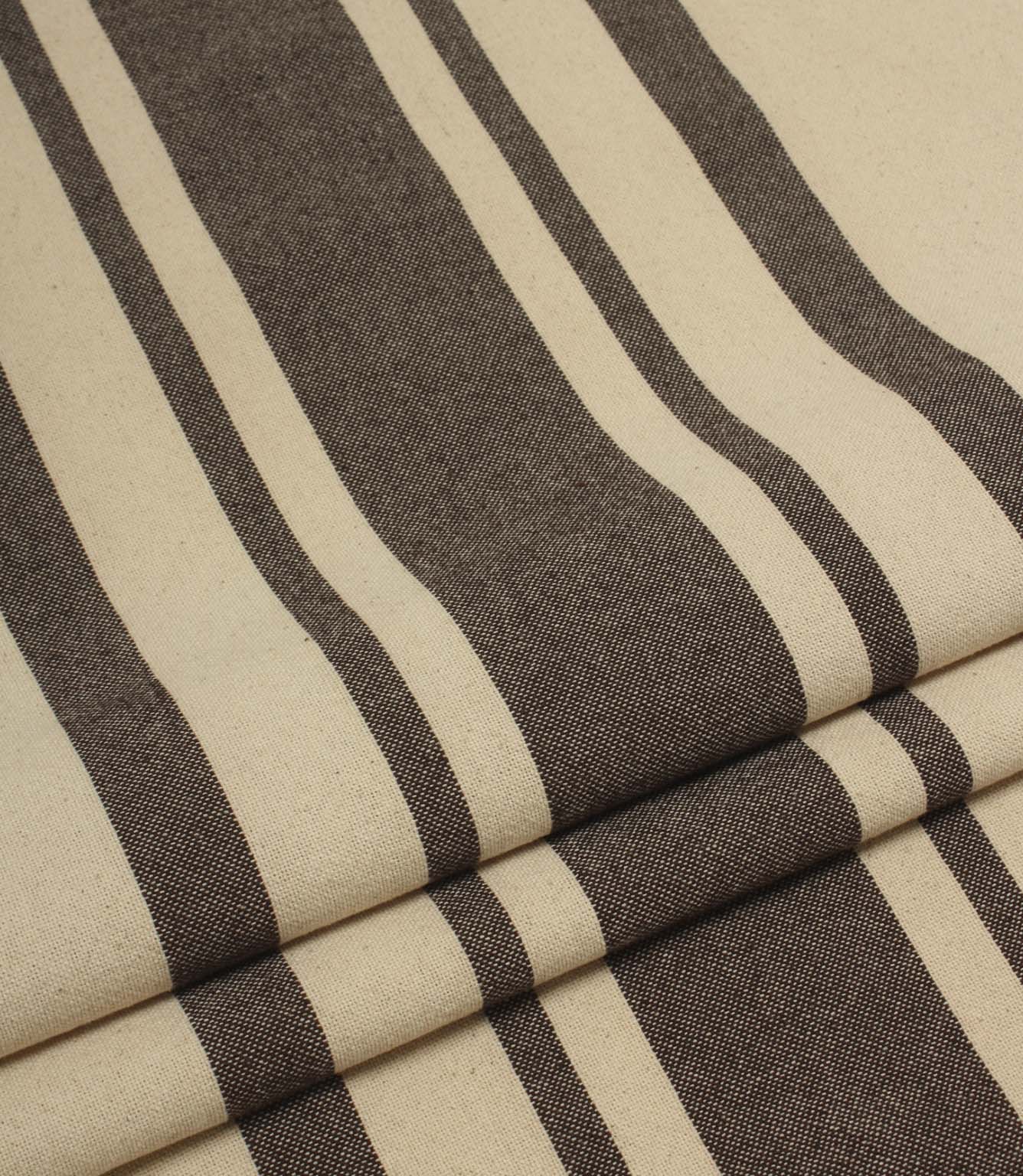 Folded brown and cream striped fabric with a soft drape and durable woven finish.