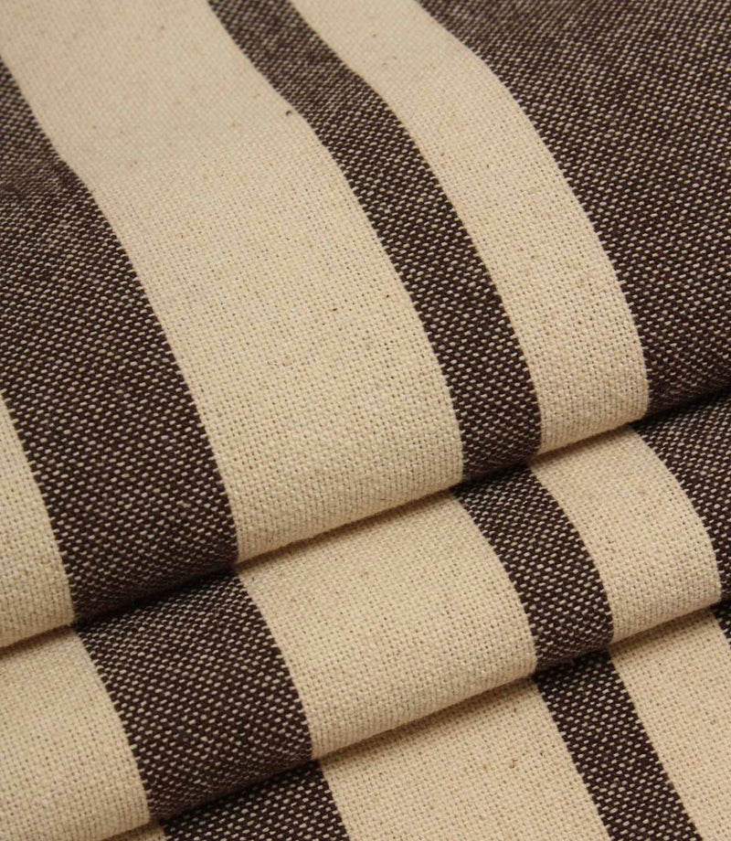 Neutral striped upholstery fabric in brown and natural tones with a textured woven surface.