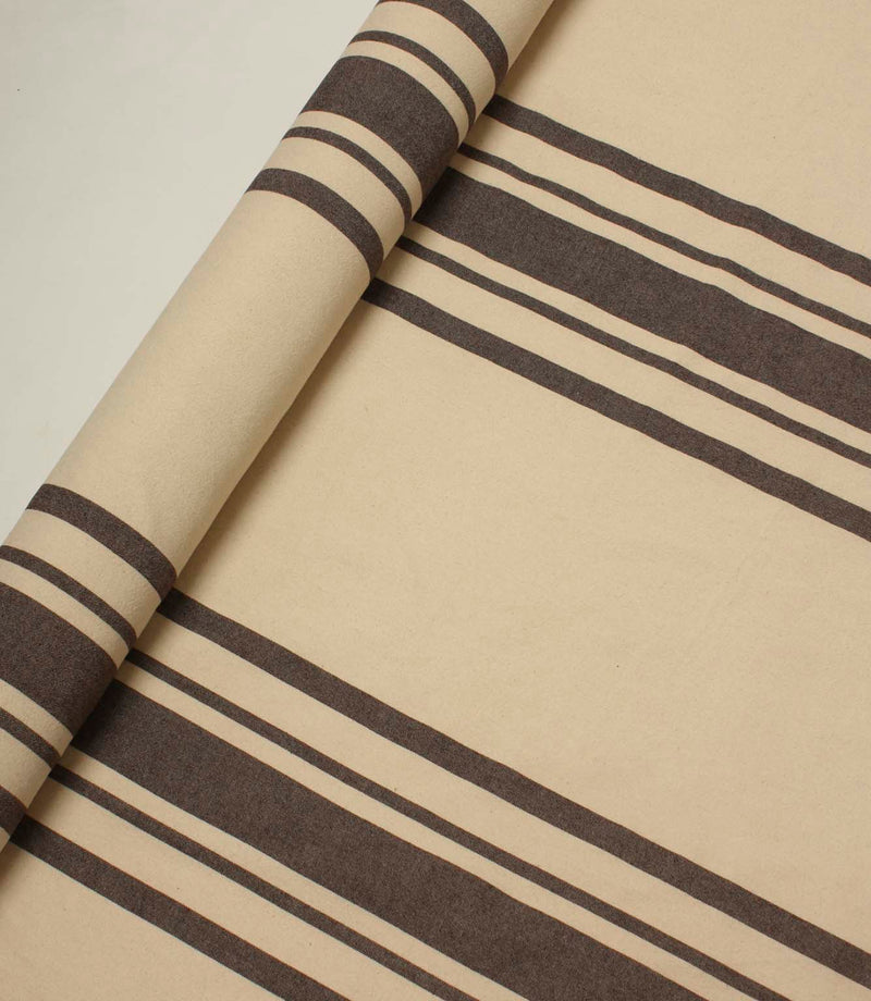Brown and cream striped fabric roll featuring bold vertical stripes on a natural base, ideal for interior projects.
