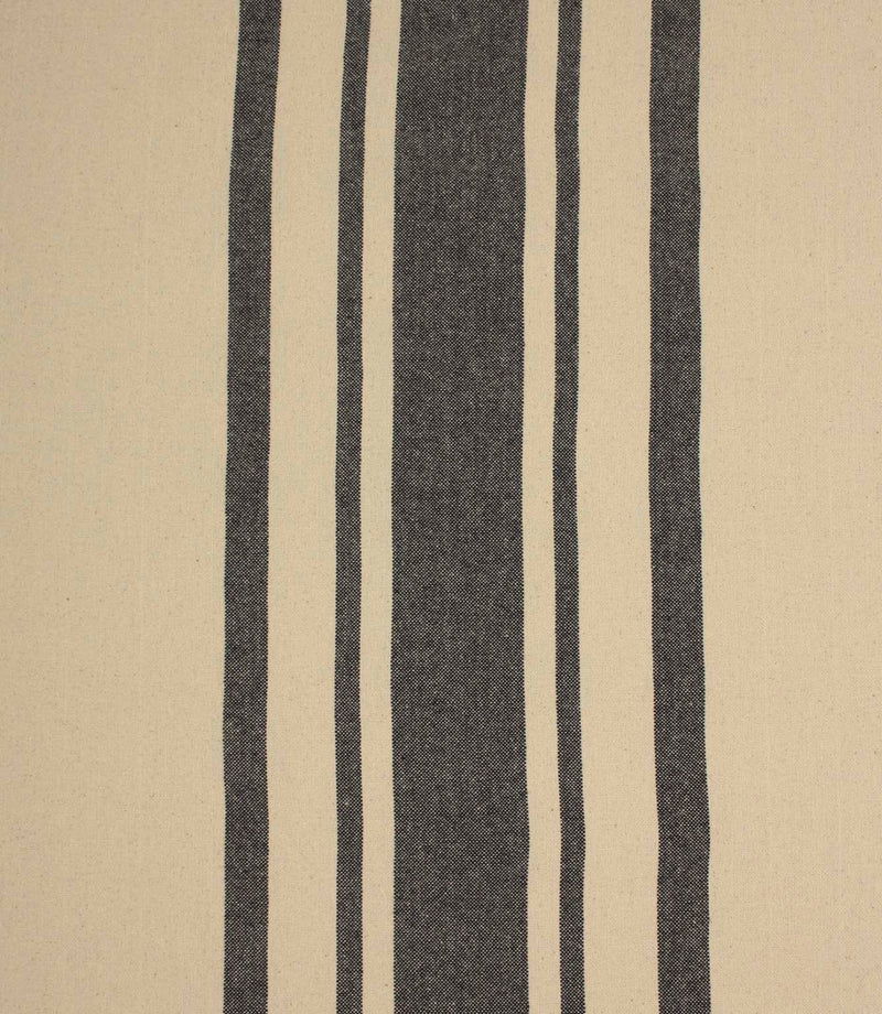 Wide charcoal grey and natural striped fabric with a textured woven finish, ideal for curtains, upholstery and soft furnishings.