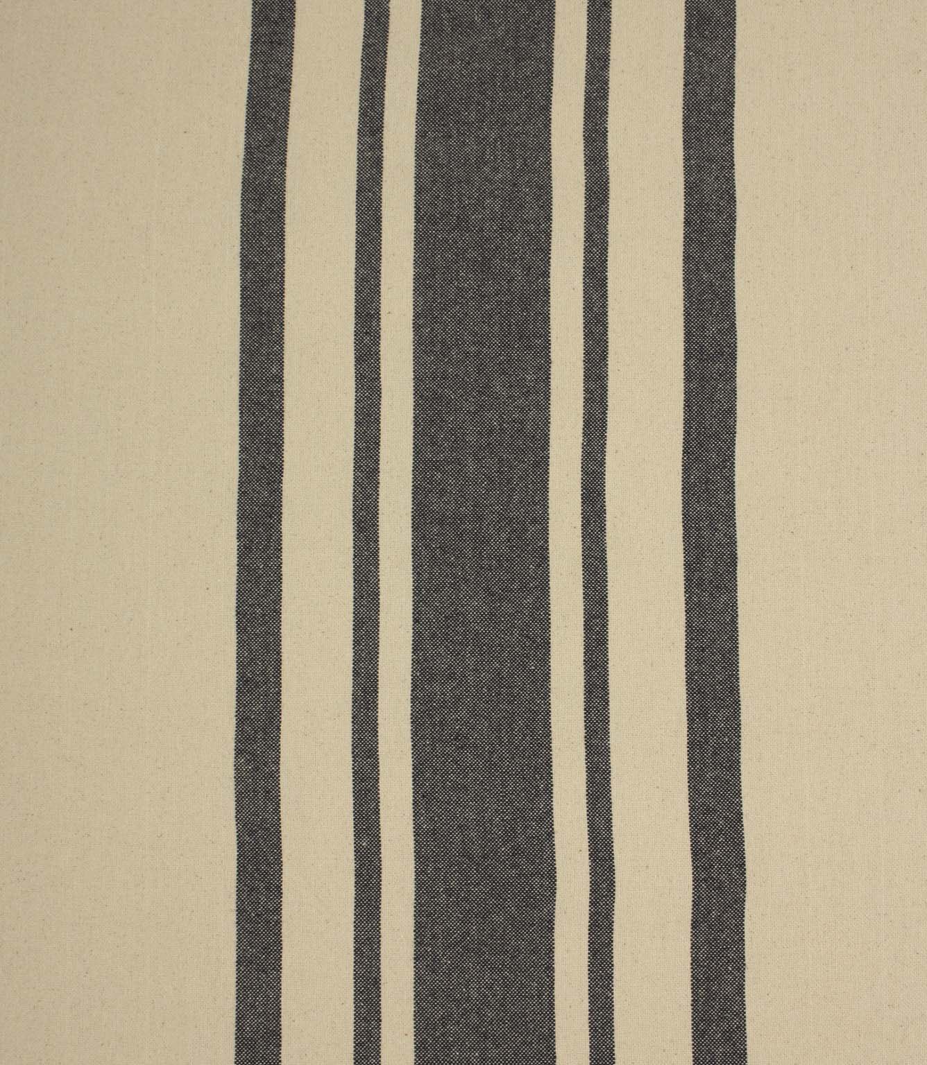 Wide charcoal grey and natural striped fabric with a textured woven finish, ideal for curtains, upholstery and soft furnishings.