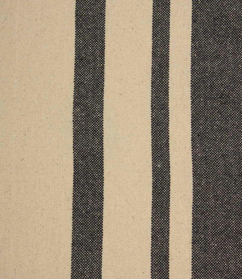 Close-up of charcoal and cream striped woven fabric showing the detailed weave and contrasting stripe pattern.