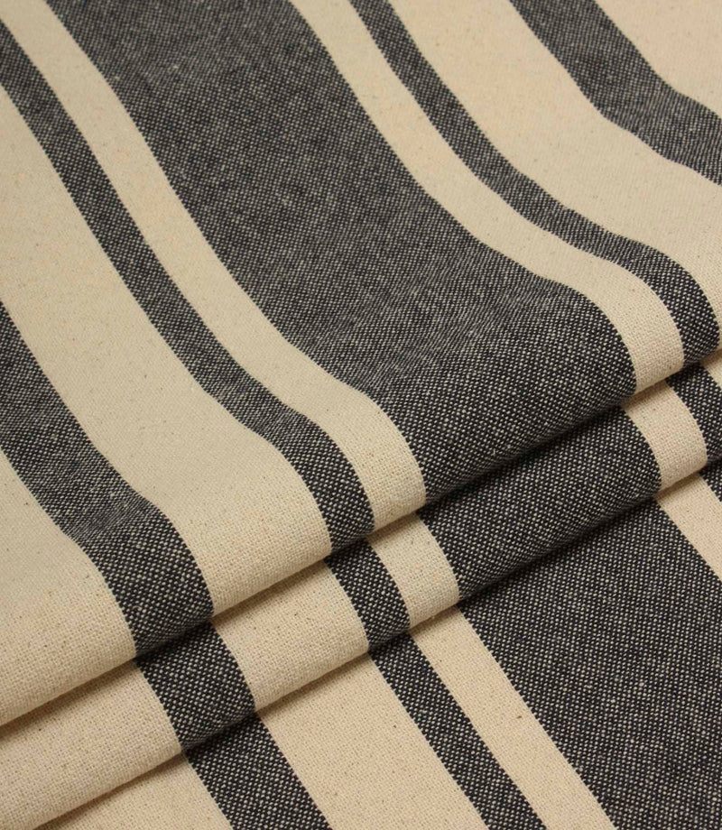 Folded charcoal grey and natural striped fabric with a soft drape and durable woven texture.