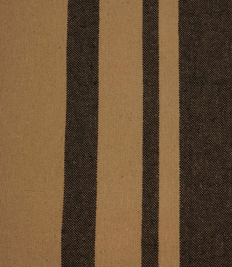 Close-up of black and camel striped woven fabric highlighting the detailed weave and contrasting stripe design.