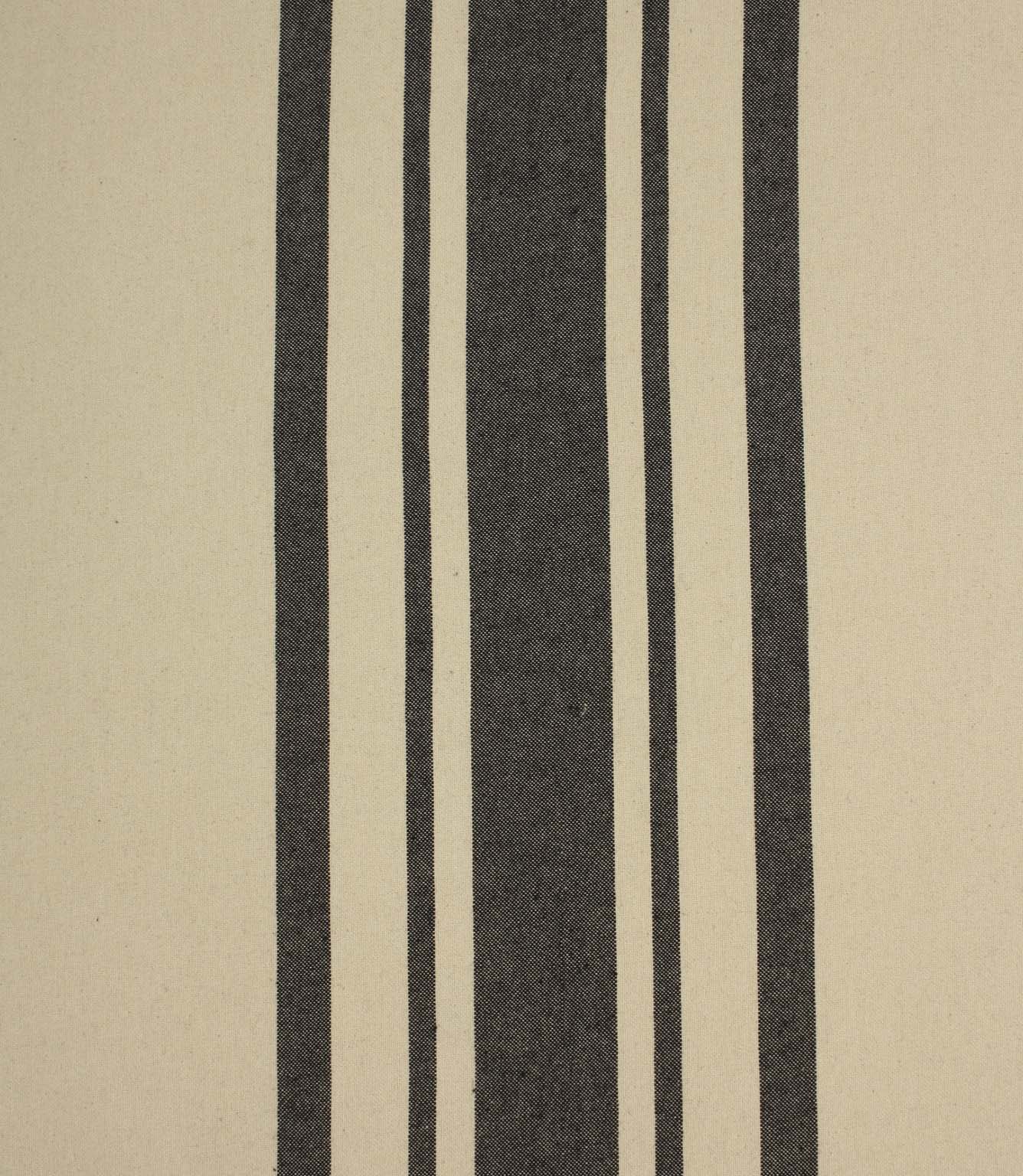Cream and black striped woven fabric with bold vertical stripes, suitable for curtains, upholstery and soft furnishing projects.