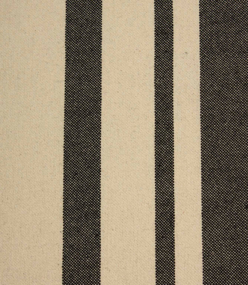 Close-up of cream striped fabric with contrasting black woven stripes and a textured natural-look finish.