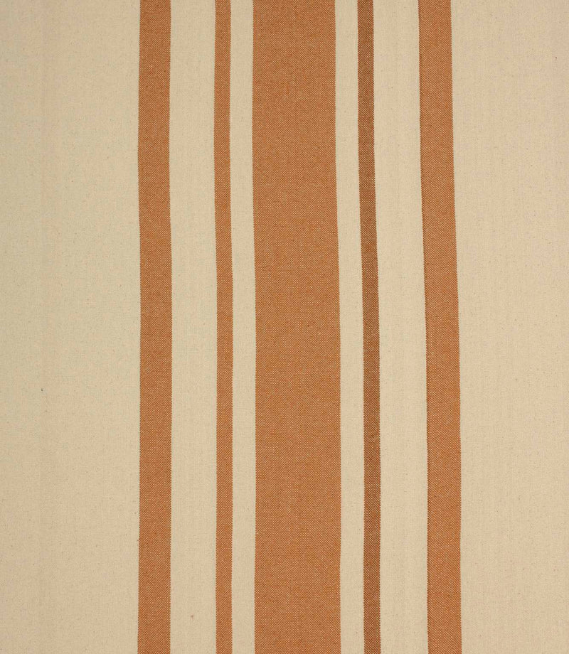 Cream and terracotta striped woven fabric with bold vertical stripes, ideal for curtains, upholstery and soft furnishing projects.
