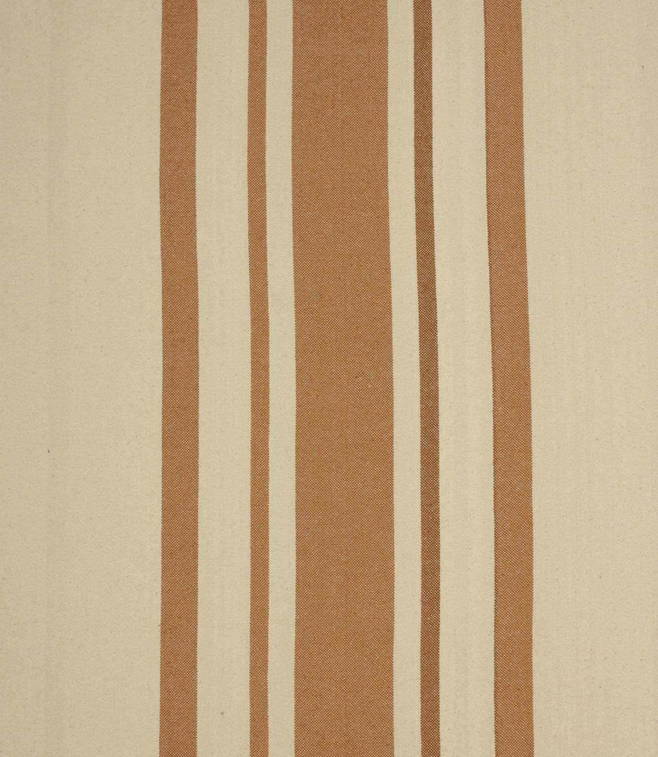 Cream and terracotta striped woven fabric with bold vertical stripes, ideal for curtains, upholstery and soft furnishing projects.