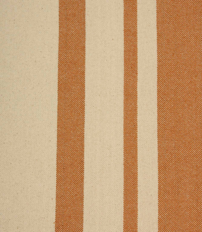 Close-up of cream fabric with warm terracotta woven stripes and a natural textured finish.
