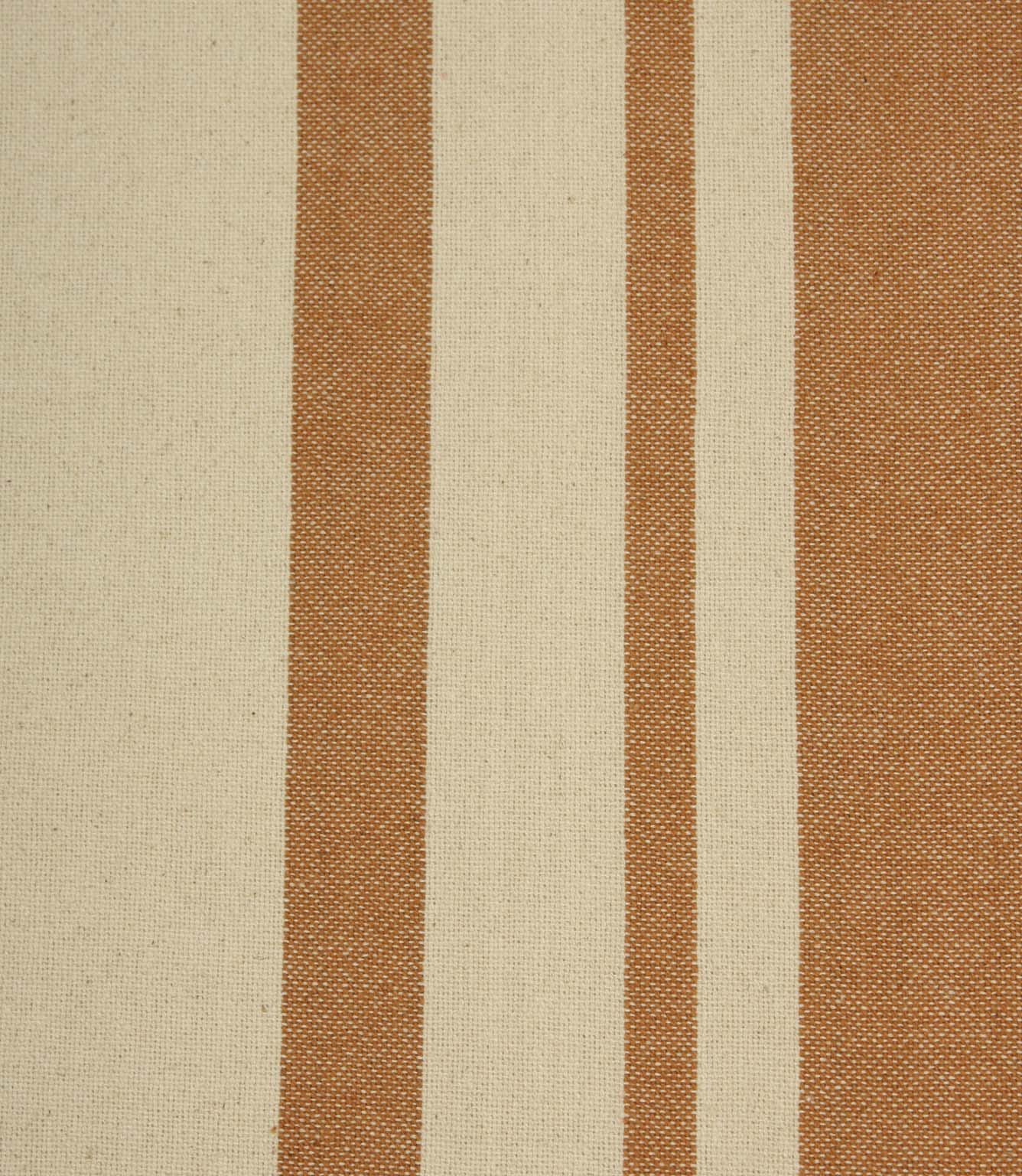 Close-up of cream fabric with warm terracotta woven stripes and a natural textured finish.