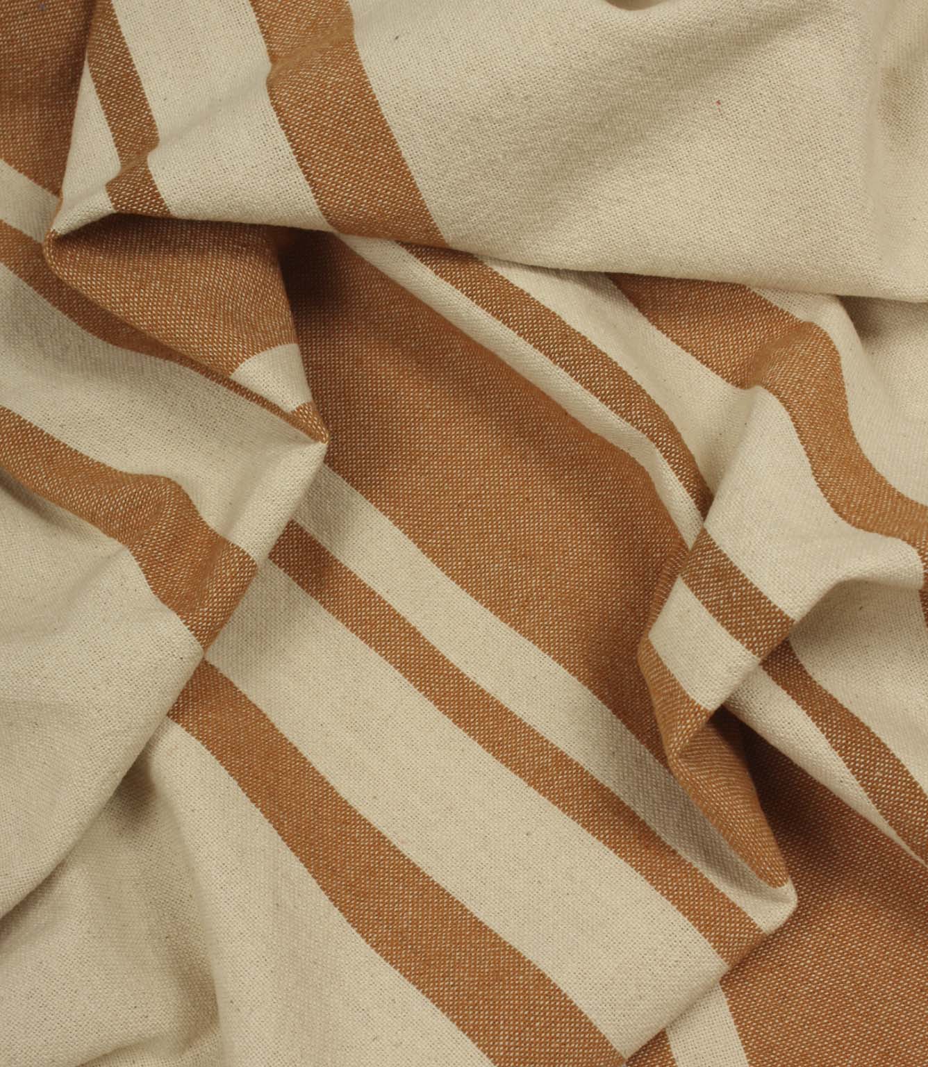 Detailed close-up of cream and terracotta woven stripe fabric showing the contrast and texture within the weave.