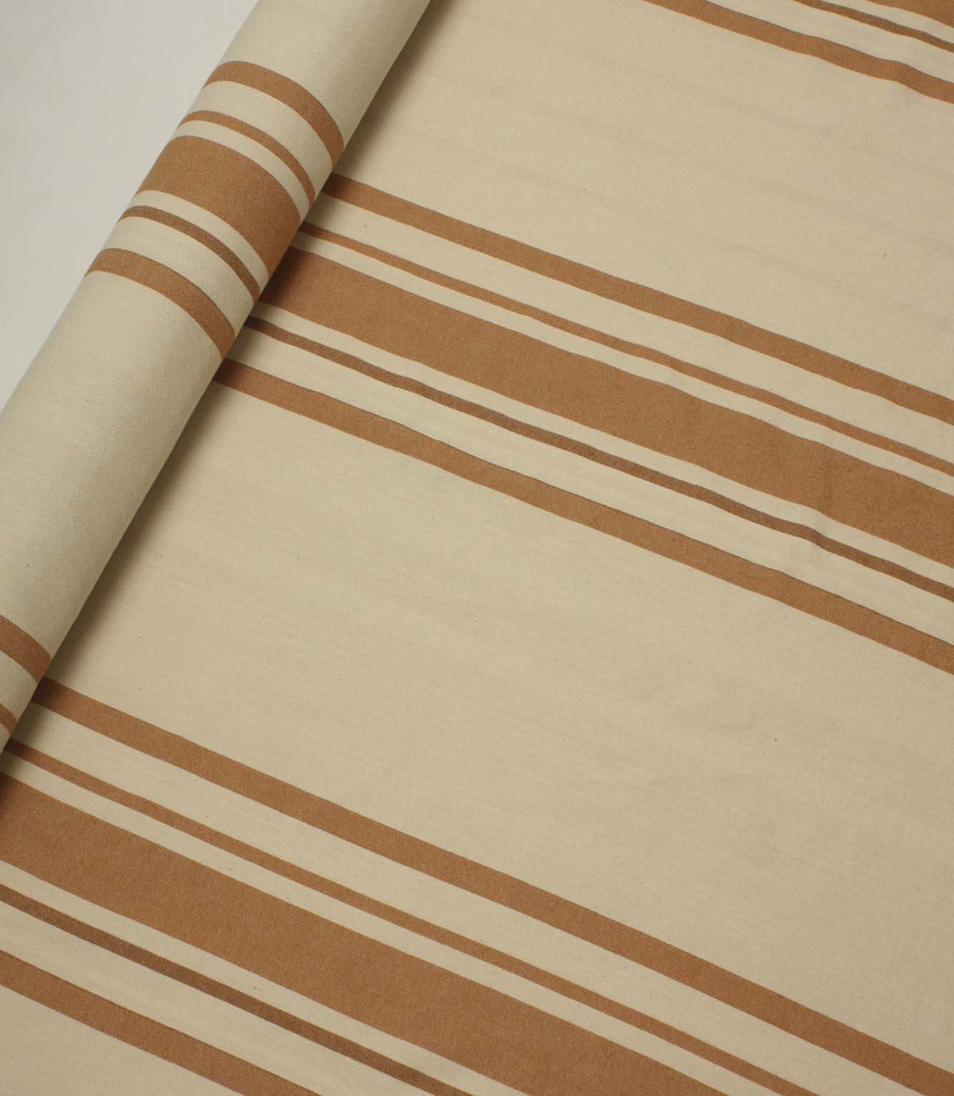 Rolled cream fabric with warm terracotta stripe detailing, shown flat to highlight the scale and spacing of the stripe pattern.