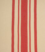 Cream and red striped woven fabric with bold vertical stripes and a natural textured finish, suitable for curtains and upholstery.