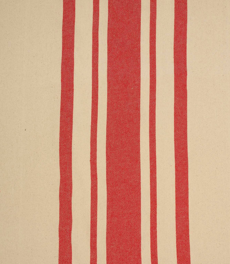 Cream and red striped woven fabric with bold vertical stripes and a natural textured finish, suitable for curtains and upholstery.