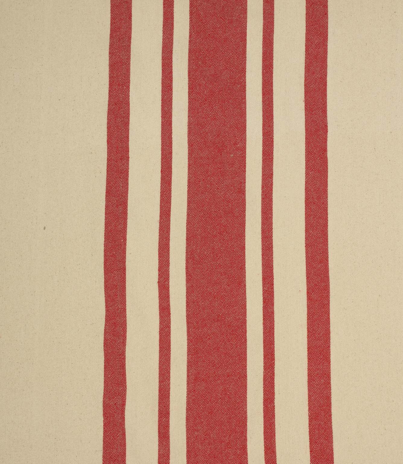 Cream and red striped woven fabric with bold vertical stripes and a natural textured finish, suitable for curtains and upholstery.
