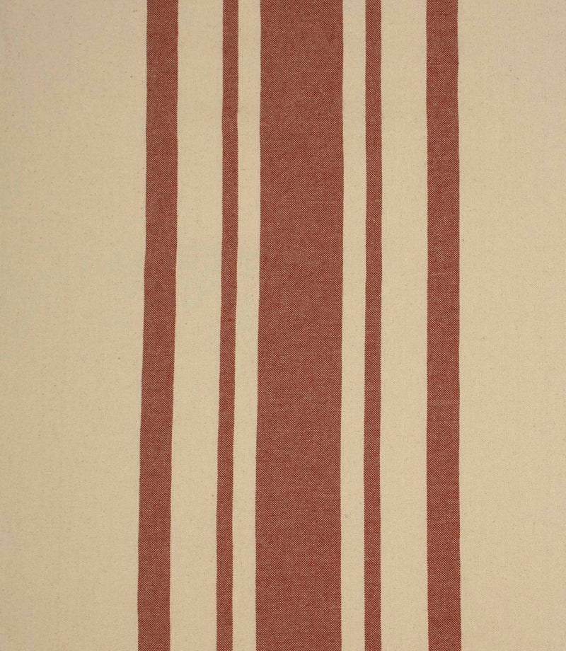 Cream and muted terracotta striped woven fabric with bold vertical stripes and a natural textured finish for curtains and upholstery.