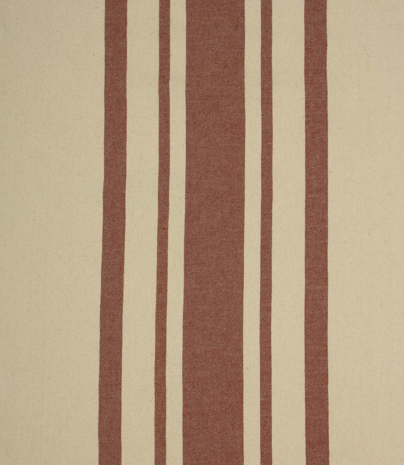 Cream and muted terracotta striped woven fabric with bold vertical stripes and a natural textured finish for curtains and upholstery.