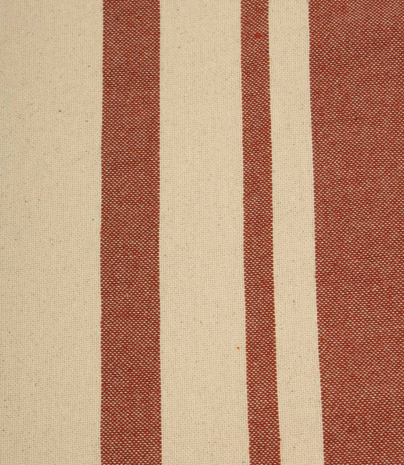 Close-up of cream fabric with muted terracotta woven stripes showing the detailed weave and classic stripe pattern.