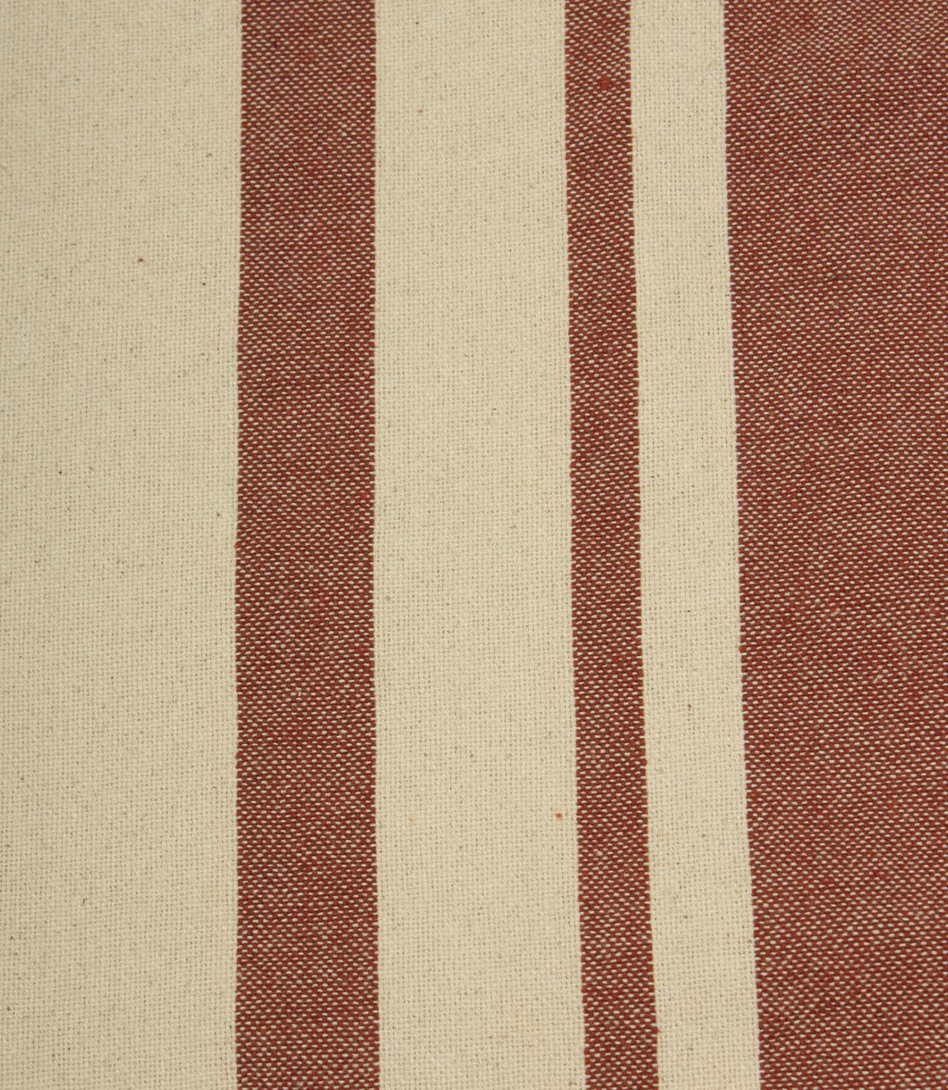 Close-up of cream fabric with muted terracotta woven stripes showing the detailed weave and classic stripe pattern.
