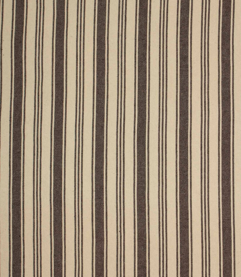 Cream and dark brown striped woven fabric with a classic vertical stripe design and natural textured finish suitable for curtains and upholstery.