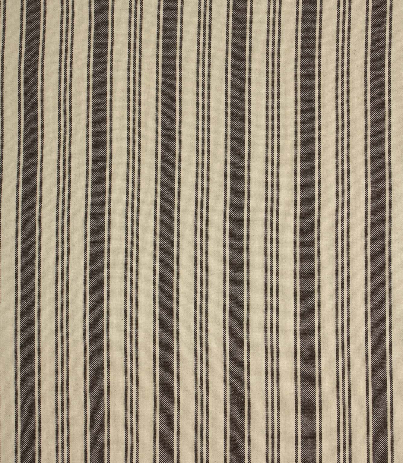 Cream and dark brown striped woven fabric with a classic vertical stripe design and natural textured finish suitable for curtains and upholstery.