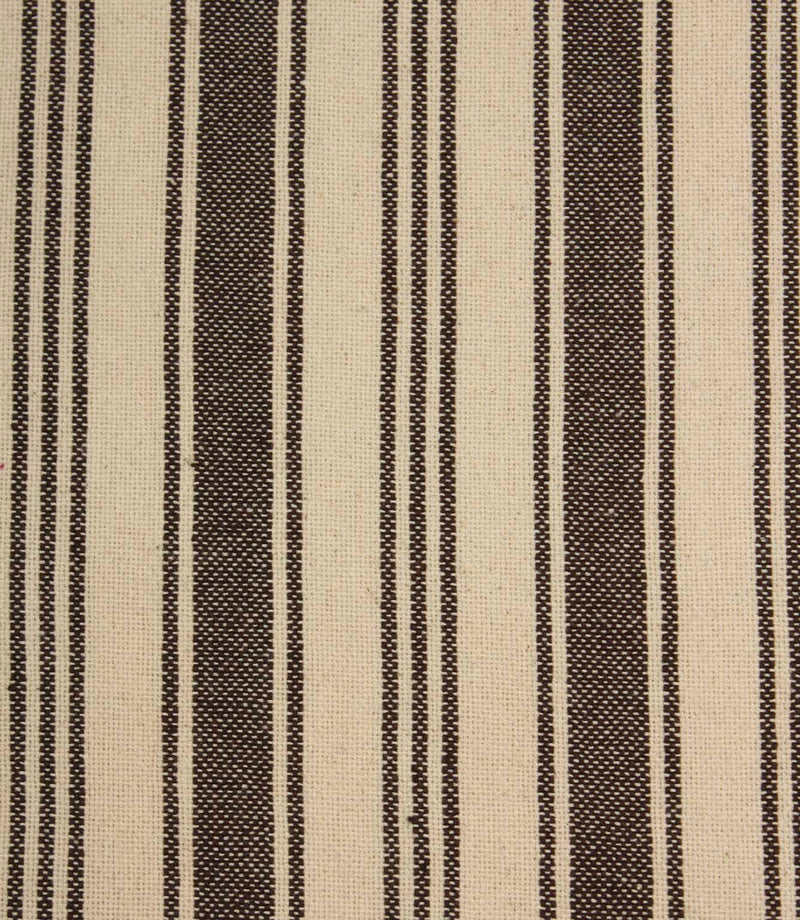 Close-up of cream fabric with dark brown woven stripes showing the fine texture and narrow stripe detailing.