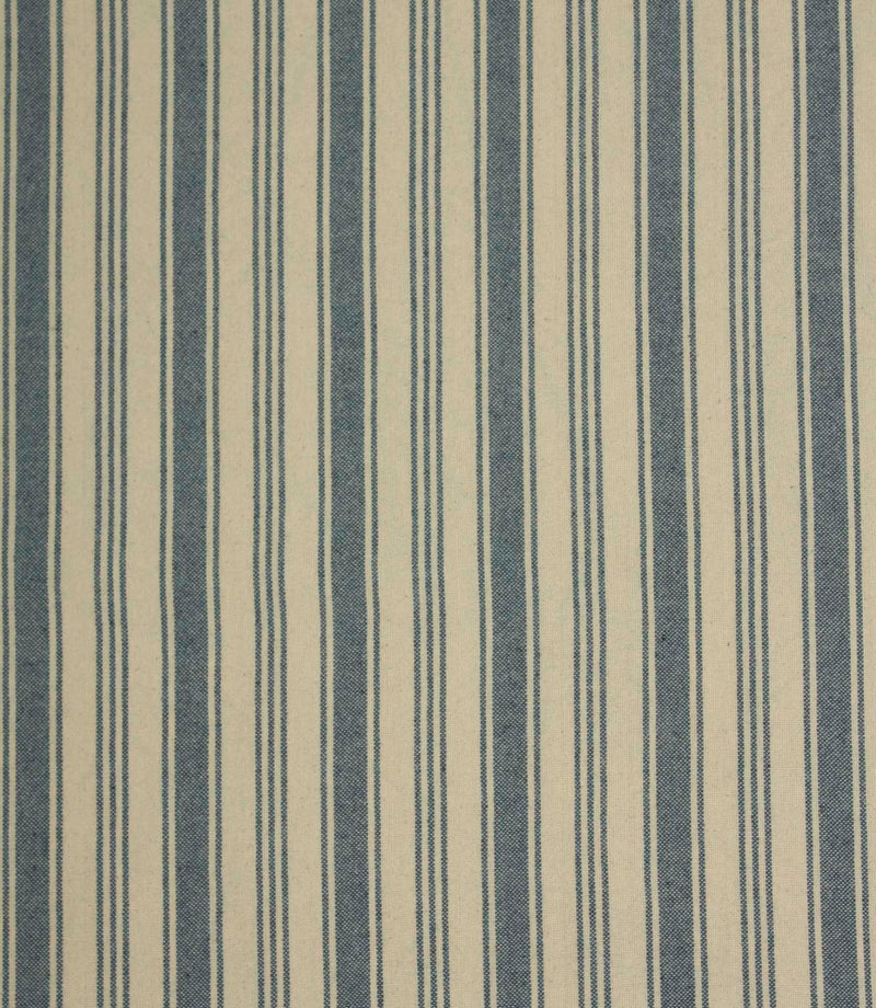 Blue and natural ticking stripe fabric shown in a full repeat pattern, featuring wide denim-blue stripes with fine pinstripes on a soft linen-look background.