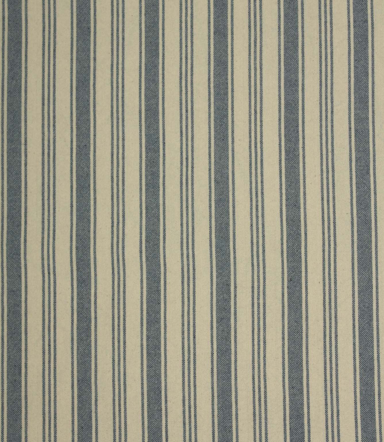 Blue and natural ticking stripe fabric shown in a full repeat pattern, featuring wide denim-blue stripes with fine pinstripes on a soft linen-look background.