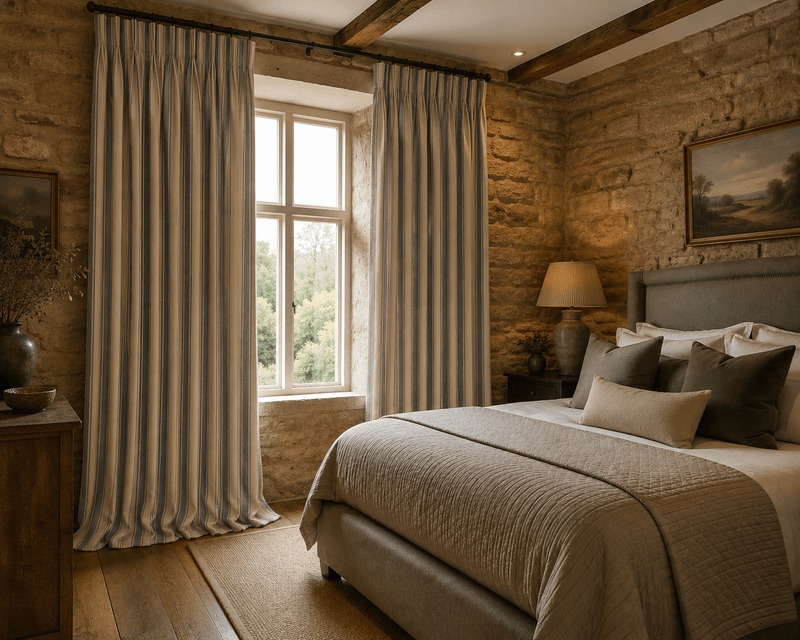 Luxury Cotswold bedroom with blue ticking stripe curtains, exposed stone walls and oak flooring, softly lit by natural daylight. Upholstered bed with layered neutral bedding and plain front cushion creates a warm, timeless countryside hotel aesthetic.