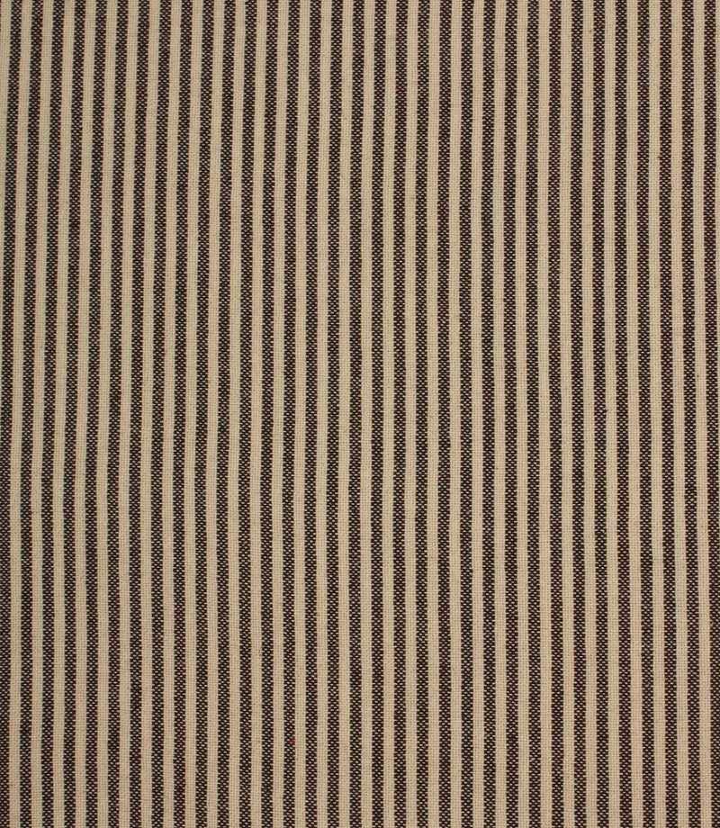 Narrow brown and cream striped fabric with a classic woven texture and timeless pinstripe design.
