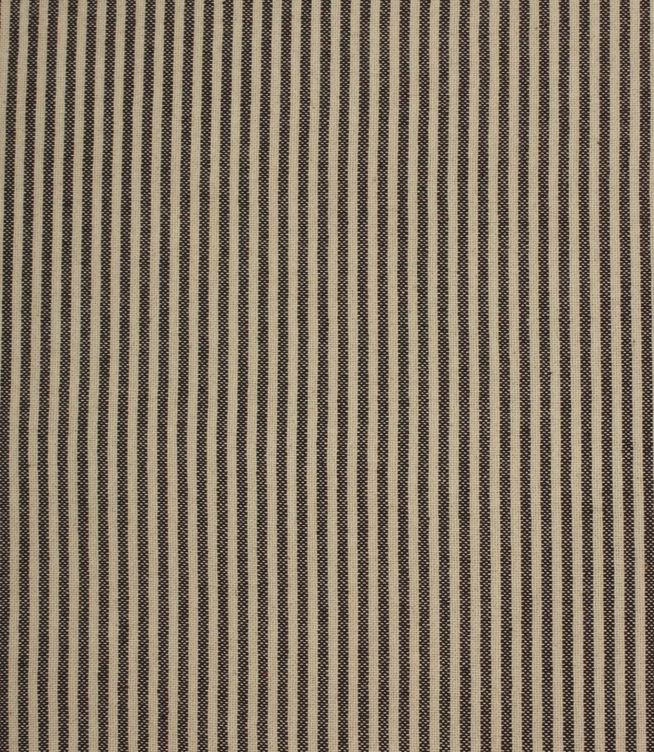 Narrow brown and cream striped fabric with a classic woven texture and timeless pinstripe design.