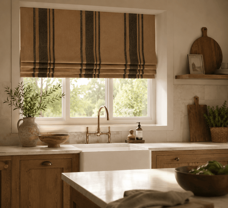 Warm neutral farmhouse kitchen with oak cabinetry, brass tap and white farmhouse sink beneath a relaxed Roman blind in wide camel and noir striped linen fabric. The blind features realistic stacked folds with accurate stripe continuity, softly filtering natural daylight into the clean ecommerce-style interior.