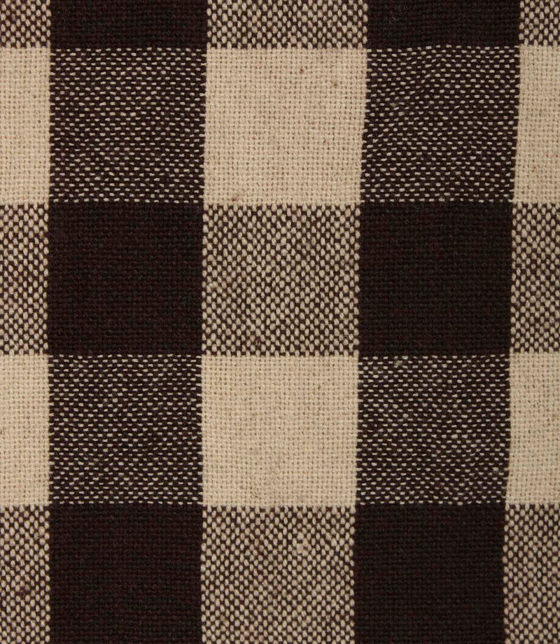 Close-up of brown gingham check fabric highlighting the detailed weave and soft natural finish.