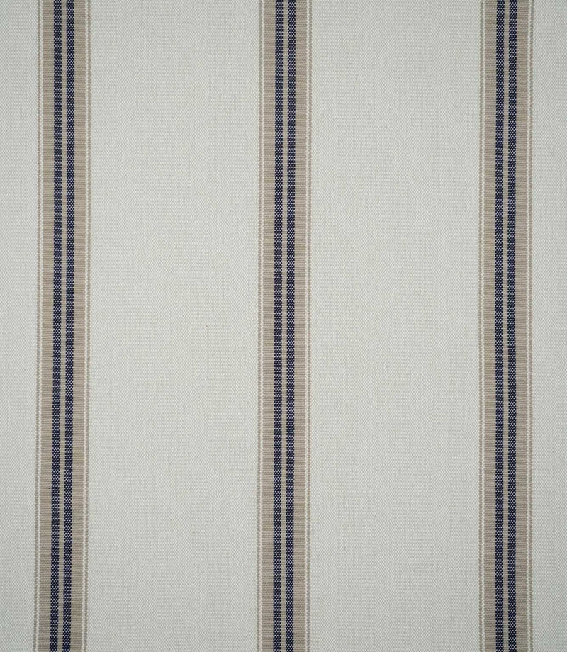 Alma Stripe Marina woven fabric featuring widely spaced navy blue and natural beige vertical stripes on a warm off-white background.