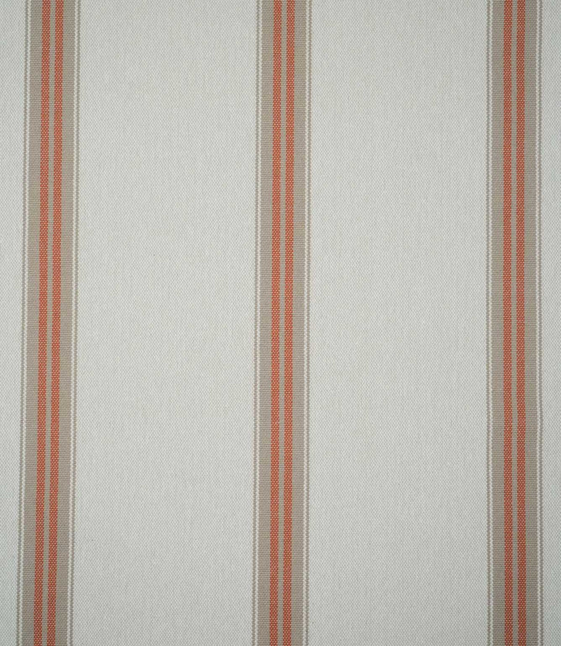 Alma Stripe Terracotta woven fabric featuring widely spaced terracotta and natural beige vertical stripes on a warm off-white background.