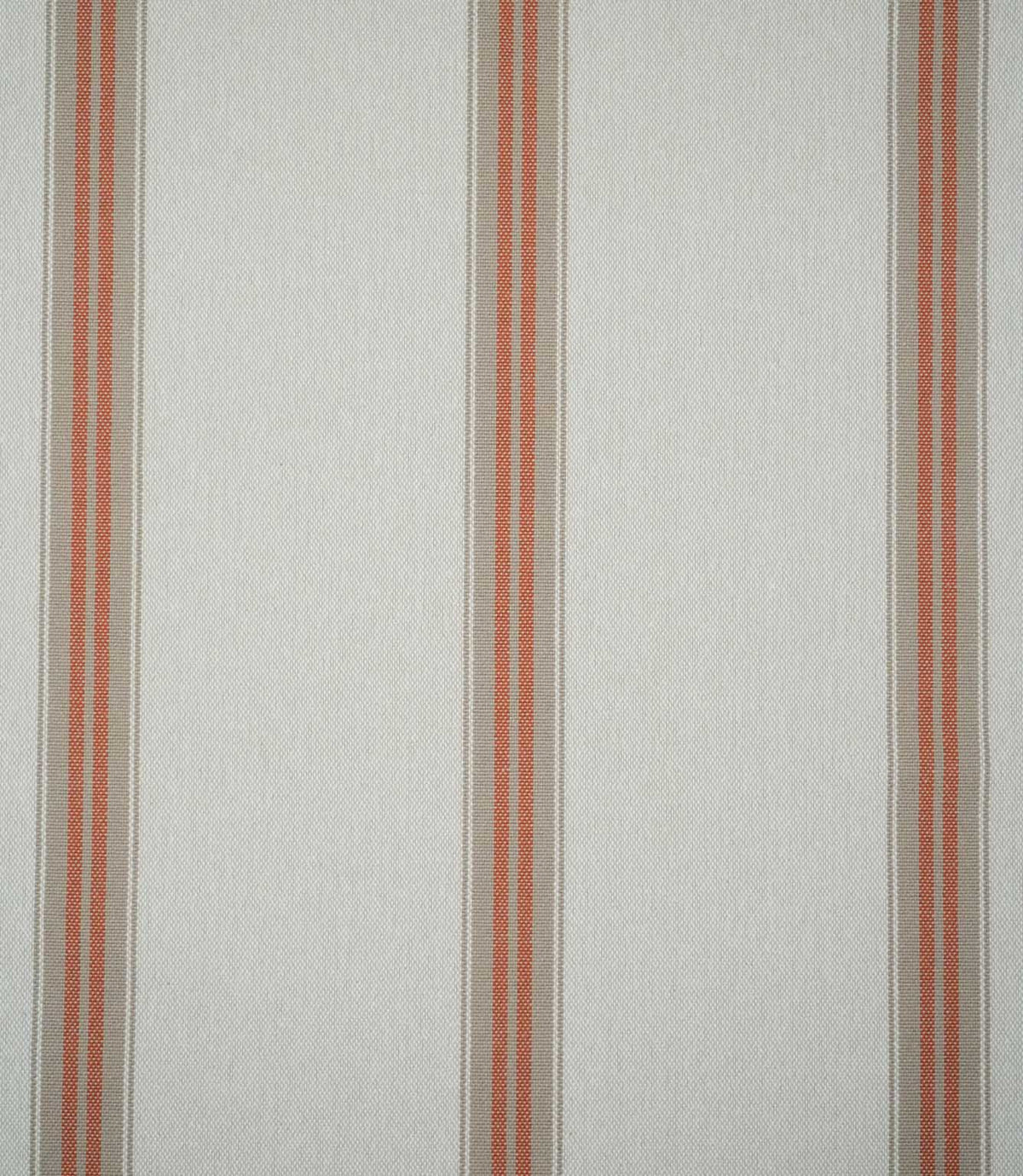 Alma Stripe Terracotta woven fabric featuring widely spaced terracotta and natural beige vertical stripes on a warm off-white background.