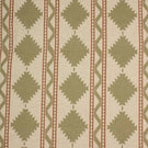 Sage green geometric upholstery fabric with Southwestern-inspired diamond motifs and fine red stripe detailing on a natural cream background.