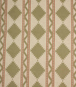 Sage green geometric upholstery fabric with Southwestern-inspired diamond motifs and fine red stripe detailing on a natural cream background.