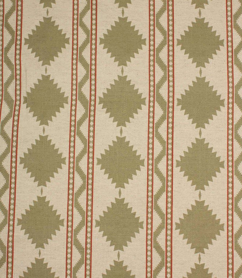 Sage green geometric upholstery fabric with Southwestern-inspired diamond motifs and fine red stripe detailing on a natural cream background.