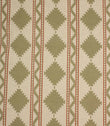 Sage green geometric upholstery fabric with Southwestern-inspired diamond motifs and fine red stripe detailing on a natural cream background.