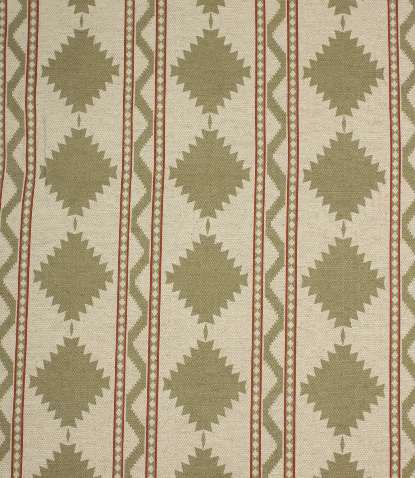 Sage green geometric upholstery fabric with Southwestern-inspired diamond motifs and fine red stripe detailing on a natural cream background.