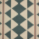 Cream woven fabric with a bold geometric tribal-inspired pattern in muted teal and rust red, featuring repeating diamond motifs and decorative border stripes.