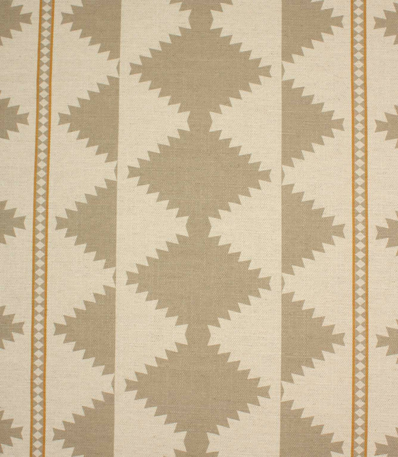 Cream woven fabric with a soft taupe geometric tribal-inspired pattern and warm ochre border detailing, arranged in a repeating diamond stripe design.