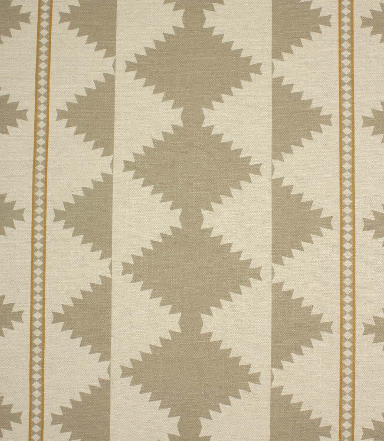 Cream woven fabric with a soft taupe geometric tribal-inspired pattern and warm ochre border detailing, arranged in a repeating diamond stripe design.