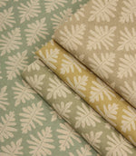 Ashleaf fabric collection shown in Almond, green and yellow colourways.