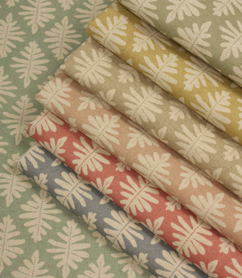 Ashleaf fabric collection featuring multiple colourways, showcasing the small-scale woven foliage design across coordinating contemporary shades suitable for curtains, blinds, cushions and upholstery.